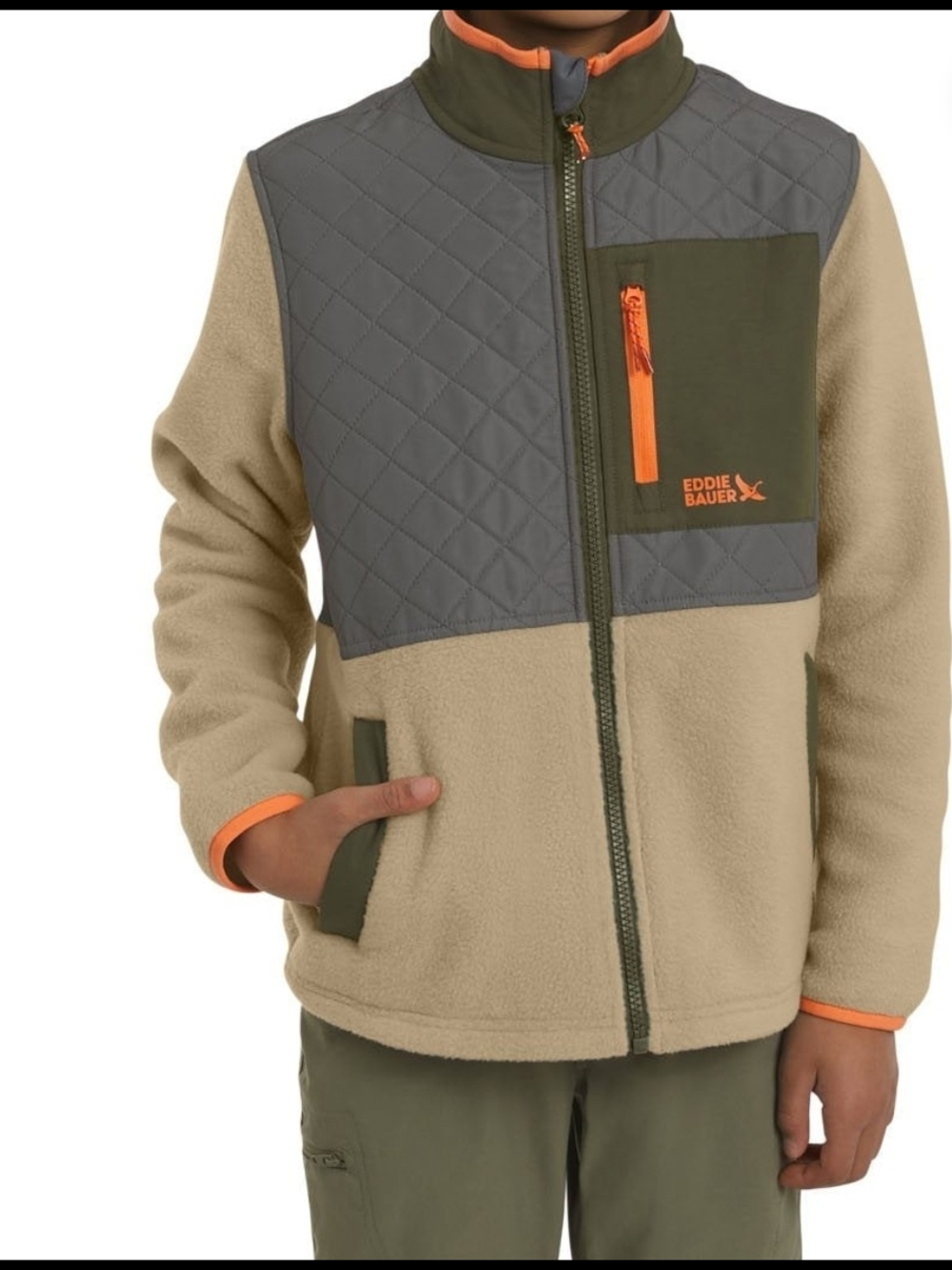 Eddie Bauer Tan Fleece Jacket with Olive & Orange Accents